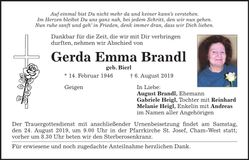 Traueranzeige Gerda Emma Brandl