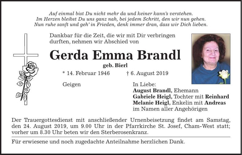 Traueranzeige Gerda Emma Brandl