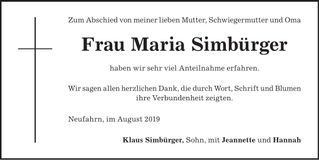 Traueranzeige Maria Simbürger