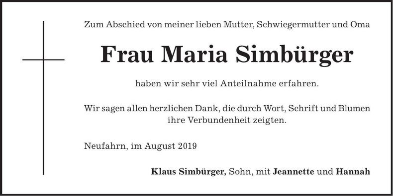 Traueranzeige Maria Simbürger