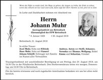 Traueranzeige Johann Muhr