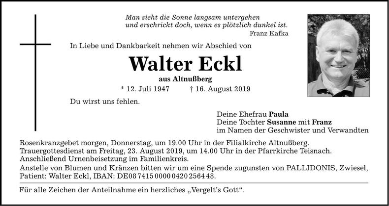Traueranzeige Walter Eckl