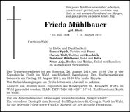 Traueranzeige Frieda Mühlbauer