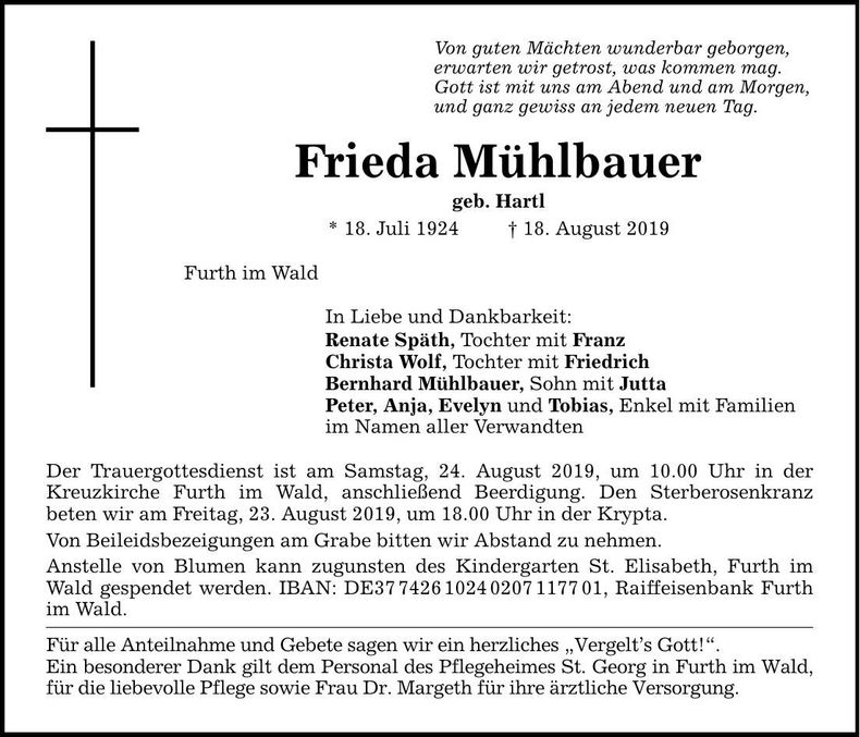 Traueranzeige Frieda Mühlbauer