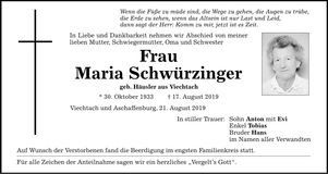 Traueranzeige Maria Schwürzinger