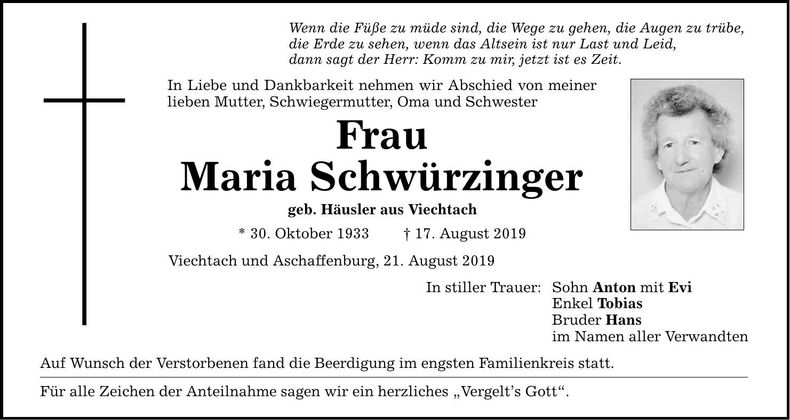 Traueranzeige Maria Schwürzinger