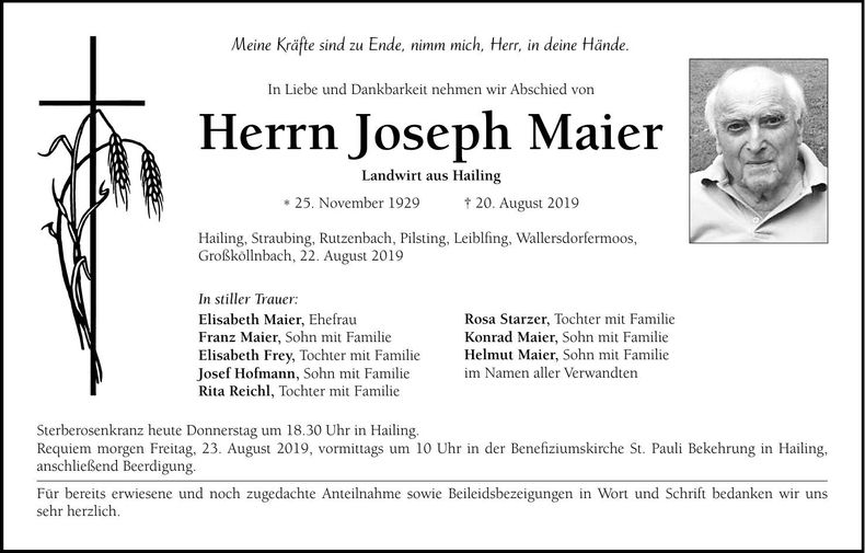 Traueranzeige Joseph Maier