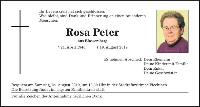 Traueranzeige Rosa Peter