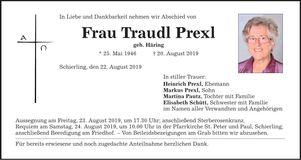 Traueranzeige Traudl Prexl