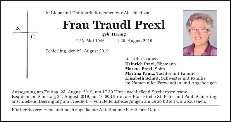 Traueranzeige Traudl Prexl