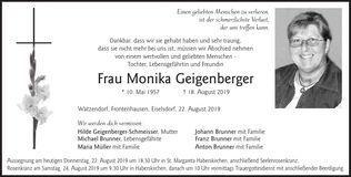 Traueranzeige Monika Geigenberger