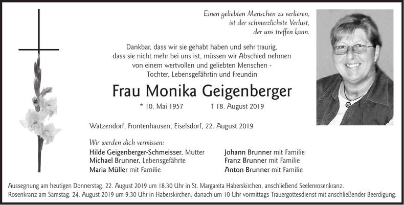 Traueranzeige Monika Geigenberger