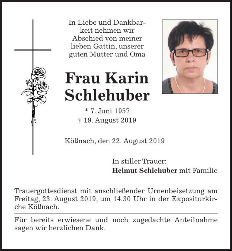 Traueranzeige Karin Schlehuber