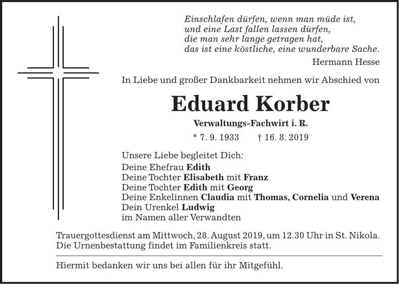 Traueranzeige Eduard Korber