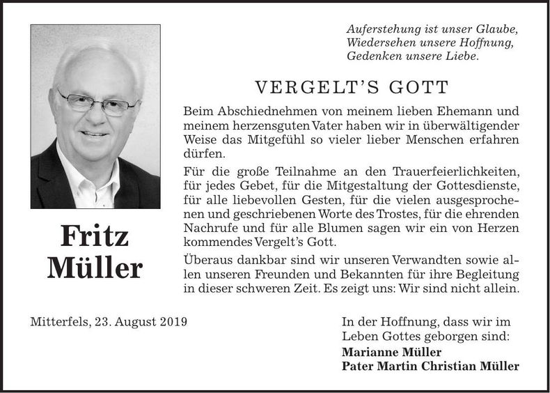 Traueranzeige Fritz Müller