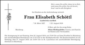 Traueranzeige Elisabeth Schöttl