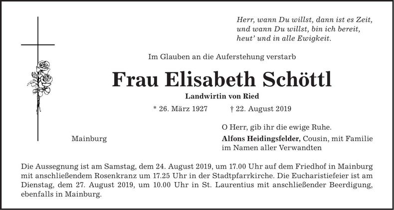 Traueranzeige Elisabeth Schöttl