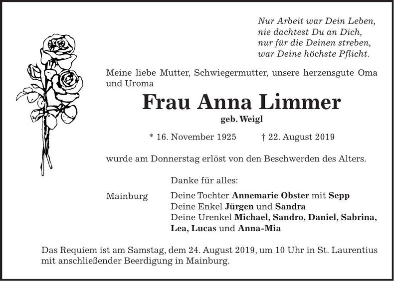 Traueranzeige Anna Limmer
