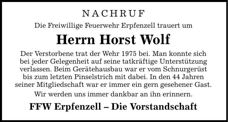 Traueranzeige Horst Wolf