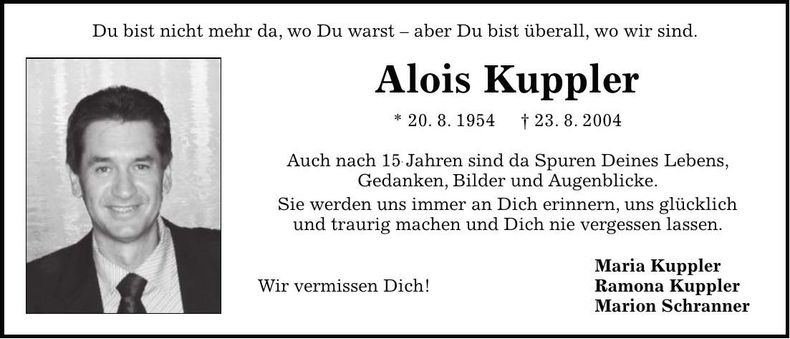 Traueranzeige Alois Kuppler