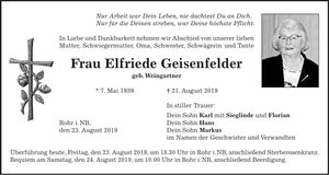 Traueranzeige Elfriede Geisenfelder