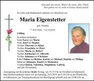 Traueranzeige Maria Eigenstetter