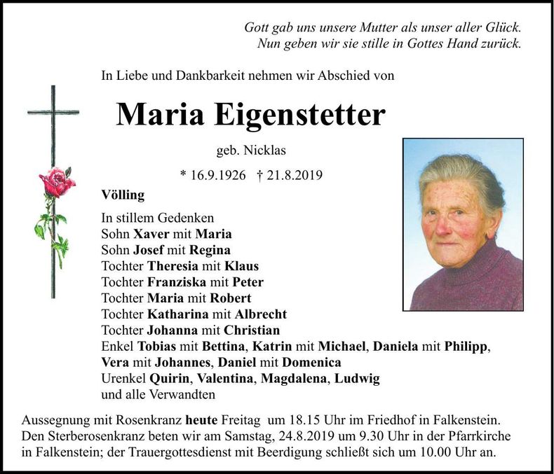 Traueranzeige Maria Eigenstetter