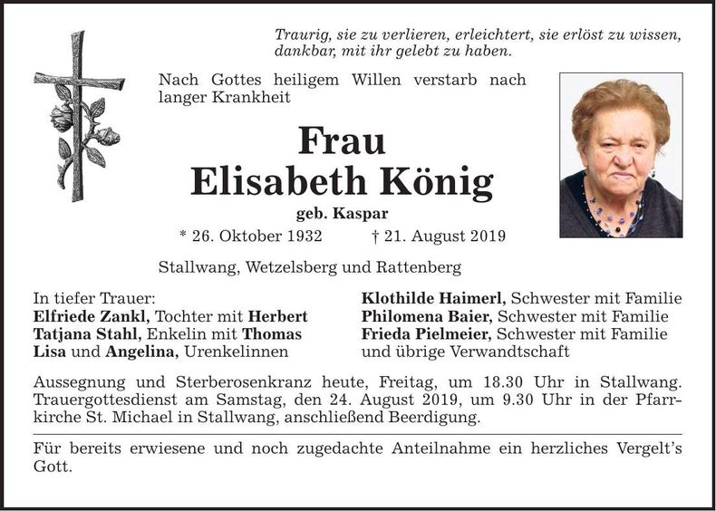 Traueranzeige Elisabeth König