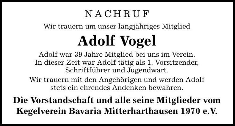 Traueranzeige Adolf Vogel