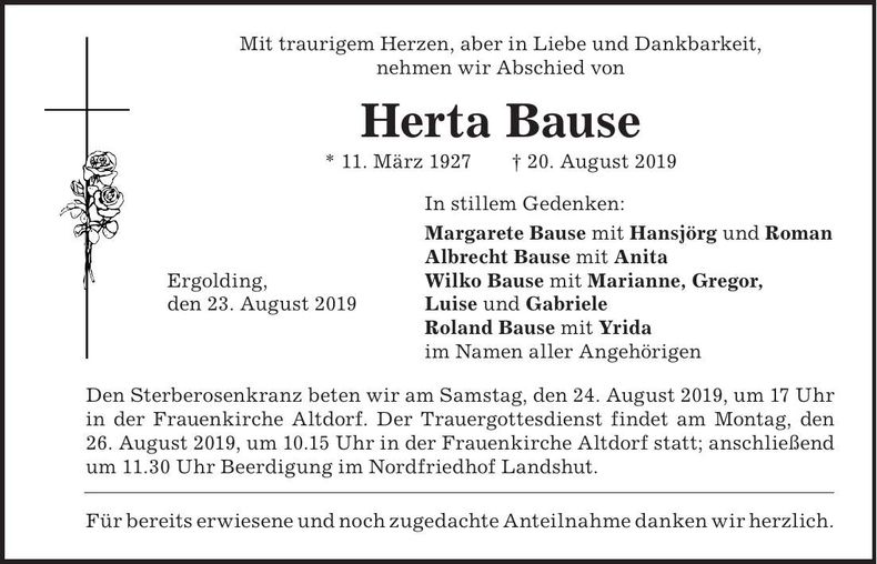Traueranzeige Herta Bause