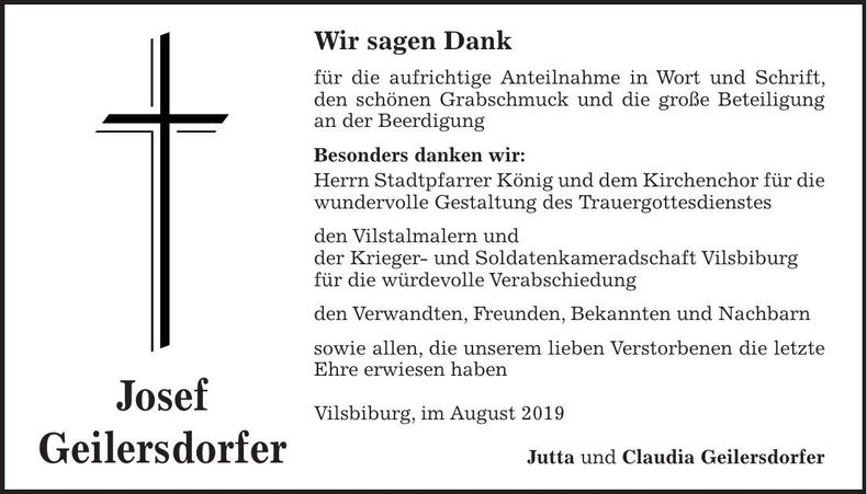 Traueranzeige Josef Geilersdorfer