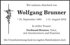 Traueranzeige Wolfgang Brunner