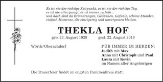 Traueranzeige Thekla Hof