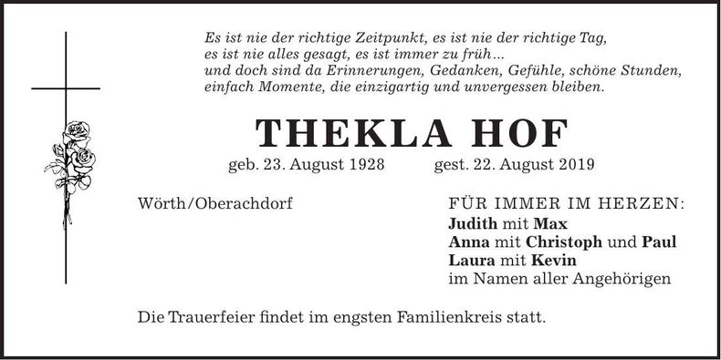 Traueranzeige Thekla Hof