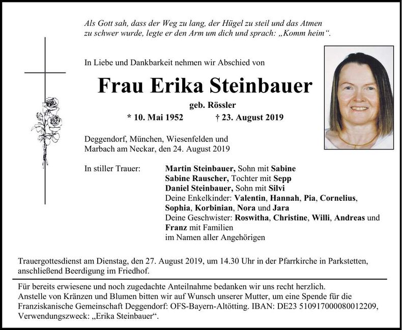 Traueranzeige Erika Steinbauer