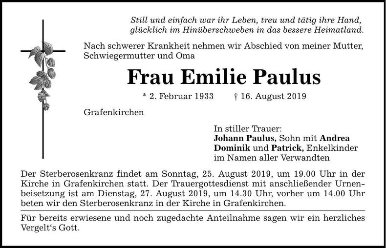 Traueranzeige Emilie Paulus