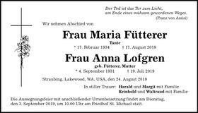 Traueranzeige Anna Fütterer