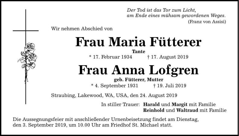 Traueranzeige Anna Fütterer
