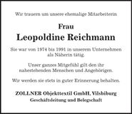 Traueranzeige Leopoldine Reichmann