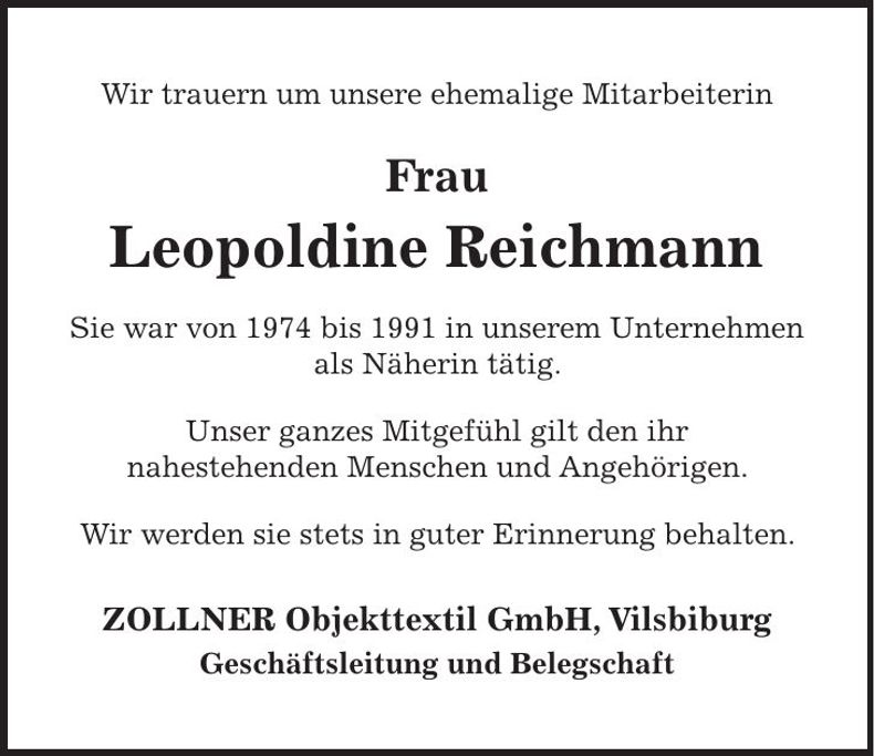 Traueranzeige Leopoldine Reichmann