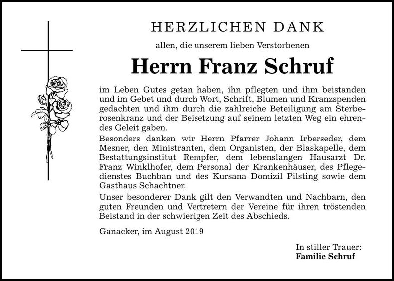 Traueranzeige Franz Schruf