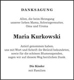 Traueranzeige Maria Kurkowski