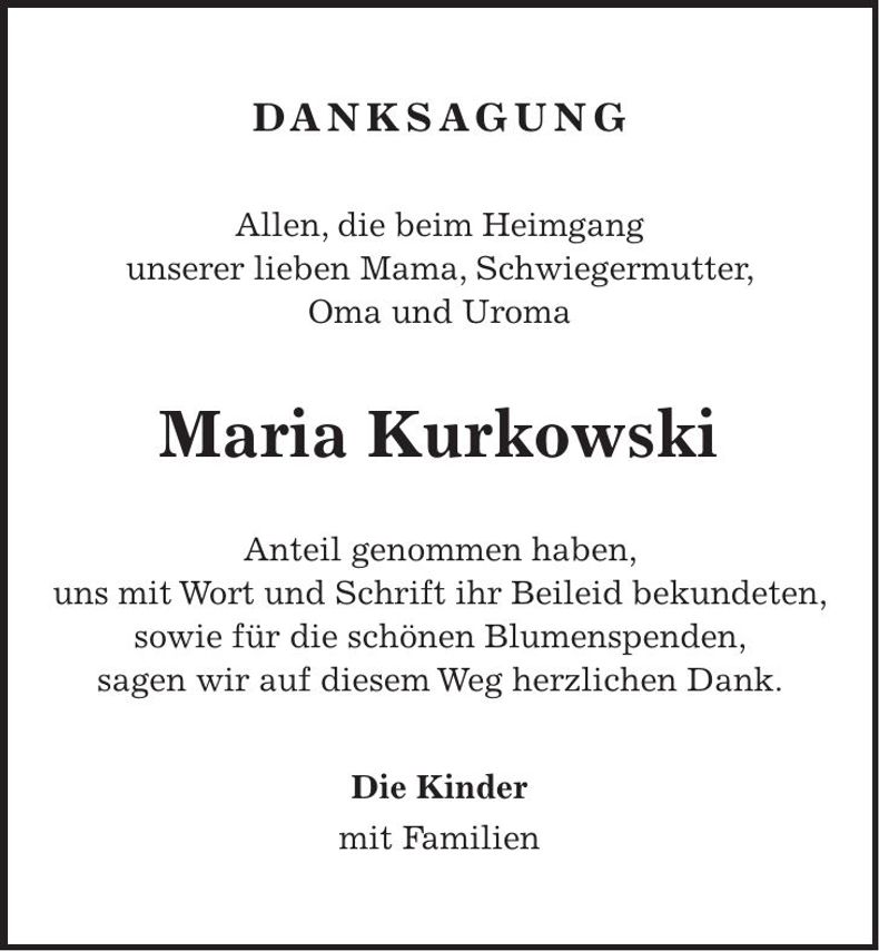 Traueranzeige Maria Kurkowski