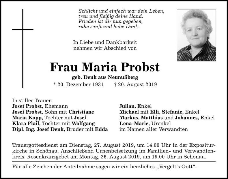 Traueranzeige Probst Maria