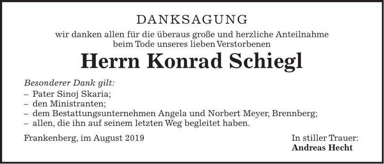 Traueranzeige Konrad Schiegl