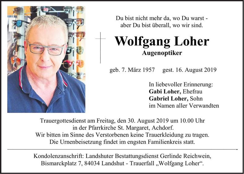 Traueranzeige Wolfgang Loher