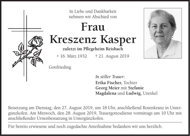 Traueranzeige Kreszenz Kasper