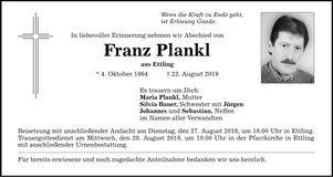 Traueranzeige Franz Plank