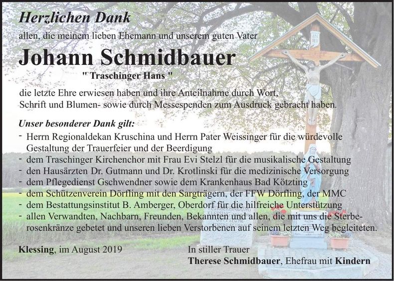 Traueranzeige Johann Schmidbauer