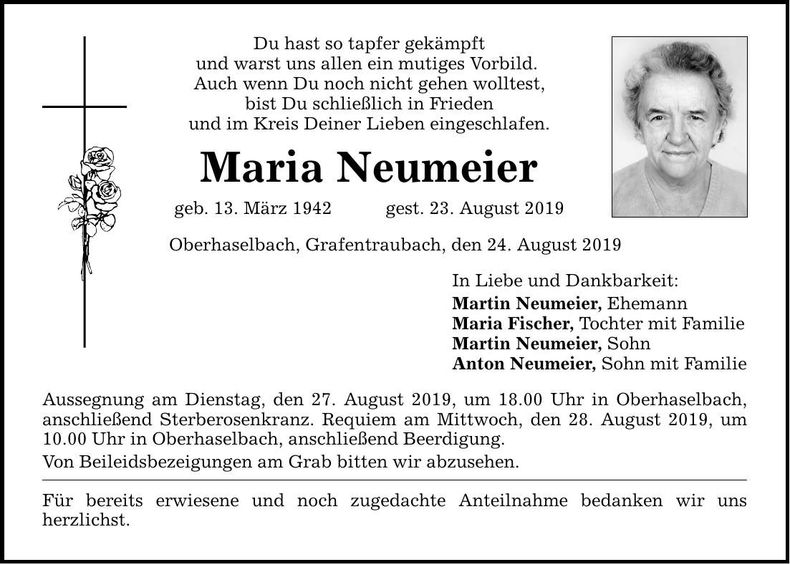 Traueranzeige Maria Neumeier